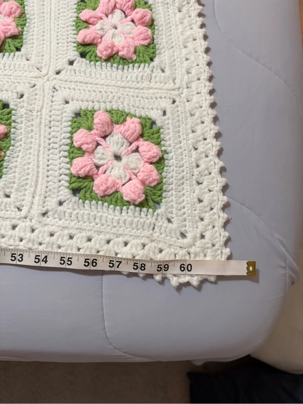 Hand Crocheted White Puffy Floral Granny Square Blanket 62 x 42.5” w Free Pillow
